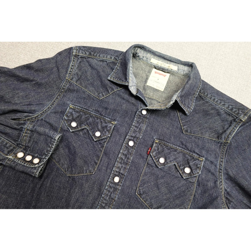 Levi's Pearl Snap Shirt Mens Medium Blue Denim Western Saw Tooth Long Sleeve